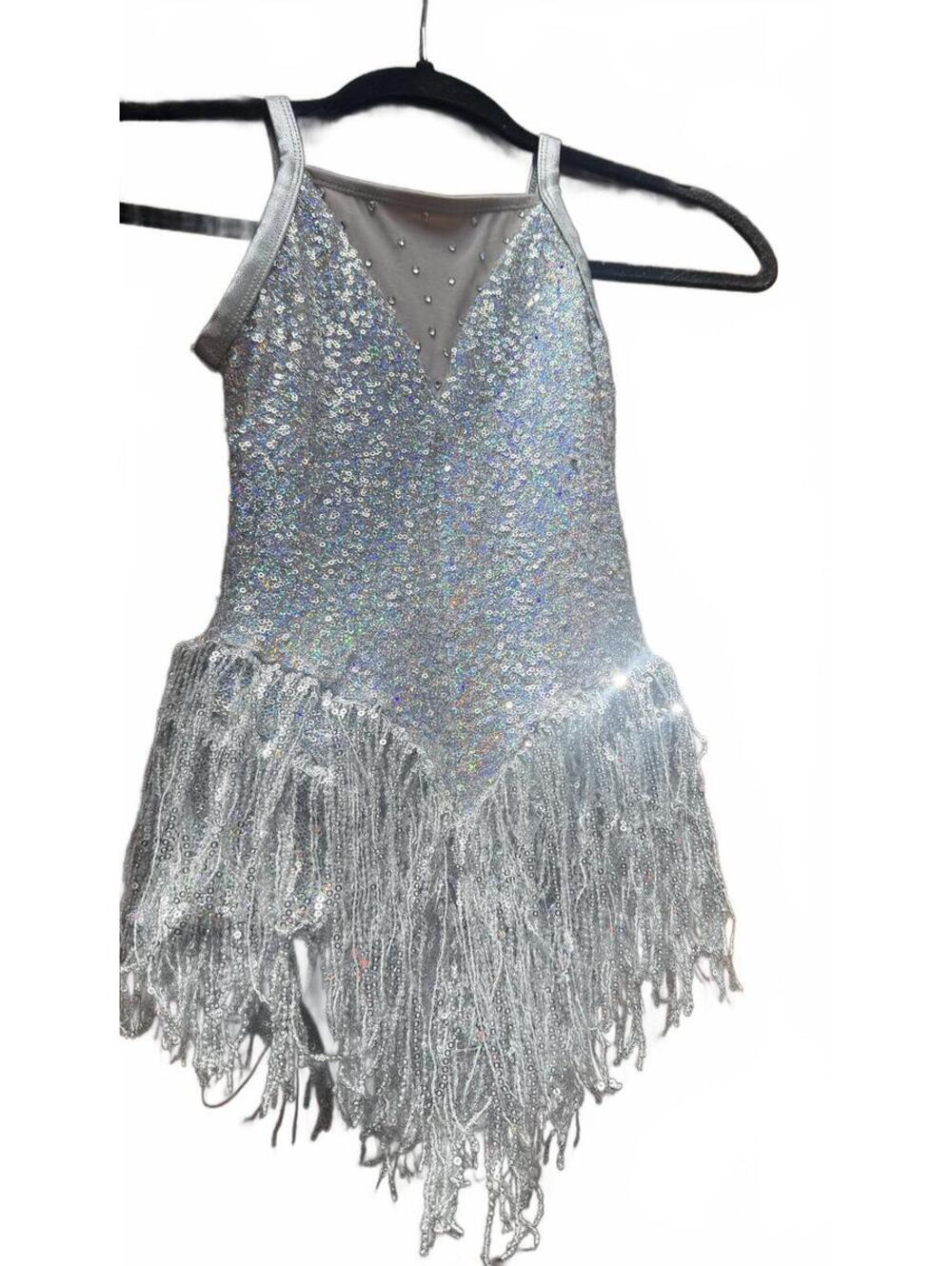 Girls Dance Costume Leotard Sequin Fringe Silver Sparkle Comp Recital SWIFT